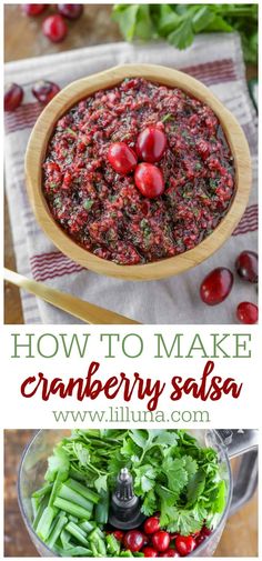 cranberry salsa in a wooden bowl with lettuce and cherries