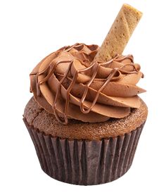 a cupcake with chocolate frosting and a cracker sticking out of it