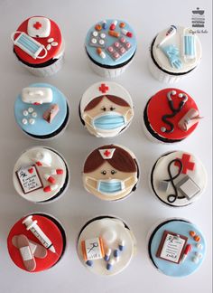 cupcakes decorated to look like doctors and nurse's tools are arranged on top of each other