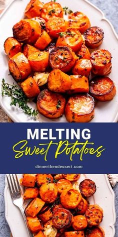 a white plate topped with sweet potatoes next to another plate filled with cooked potatoes and garnished with parsley