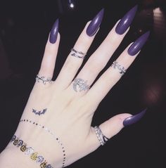 Nail polish is @essiepolish in "Frock N Roll" Witch Nails, Bat Tattoo, Gothic Nails, Goth Nails, Purple Nail, Rose Gold Nails, Nail Ring, Nails Polish, Purple Nails