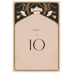 a table number card with birds and flowers on the border, in black and beige