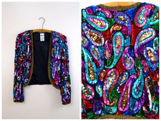 "An amazing vintage glam piece fully embellished with multicolored sequins and is in perfect condition! Measurements: Bust - 40\" Shoulder to Shoulder - 16\" Sleeves - 24\" Length - 19\" Tag Size - Medium All of my items come from a smoke-free and pet-free home. I'm happy to answer any questions!" Vintage Jacket Outfit, Vintage Sequin Jacket, 80s Glam, 80s And 90s Fashion, 80s Vibes, Travel Clothes, Wool Coat Women, Vintage Rainbow, Vintage Glam