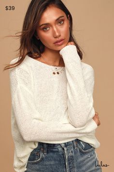 It's nothing but good vibes in the Lulus Positive Affirmations Ivory Loose Knit Sweater! This sweet sweater is shaped from stretchy knit and features a boat neckline, drop shoulders, and long sleeves (with ribbed knit cuffs). Slightly oversized bodice boasts contrasting, loose knit panels down the sides and ends in a ribbed knit-trimmed hem. Fit: This garment fits true to size. Length: Size medium measures 23.5" from shoulder to hem. Bust: Great for any cup size. Waist: Not Fitted - comfortable White Knit Sweater For Layering, Casual Off White Spring Sweater, Casual Off-white Spring Sweater, Off White Casual Spring Sweater, White Knit Top For Layering, White Pointelle Knit Top With Relaxed Fit, White Stretch Knit Sweater, White Relaxed Fit Sweater For Layering, White Stretch Cable Knit Top