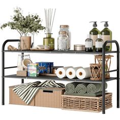 a shelf with towels, toiletries and soaps on it in front of a white background