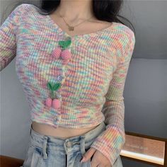 Length: 40cm / 15.74''; Bust: 73cm / 28.74''; Shoulder: 29cm / 11.41''; Sleeve: 61cm / 24.01'' Tip: Only one size in-stock, suitable for sizes S / M Cute Long Sleeve Spring Cardigan, Cute Long Sleeve Knitted Top, Cute Fitted V-neck Cardigan, Cute Multicolor Long Sleeve Sweater, Multicolor Long Sleeve Cardigan For Spring, Cute Knit Tops For Fall, Cute Long Sleeve Spring Sweater, Cute Long Sleeve Knit Cardigan, Cute Fitted Sweater For Fall