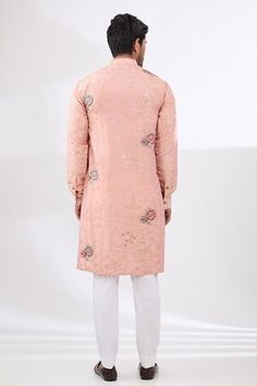 Pink tissue kurta with zari floral embroidery and rose motif embroidery. Paired with a cotton silk pant. - Aza Fashions Floral Embroidered Churidar For Reception And Festivals, Pink Bollywood Sherwani With Floral Embroidery, Festive Silk Sherwani With Floral Embroidery, Tissue Kurta, Motif Embroidery, Silk Pant, Men Kurta, Rose Motif, Silk Pants