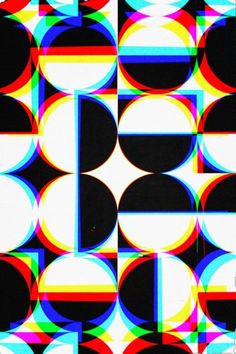 an abstract pattern with circles and stripes in black, white, blue, red, green, yellow