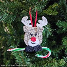 a crocheted ornament hanging from a christmas tree with candy canes