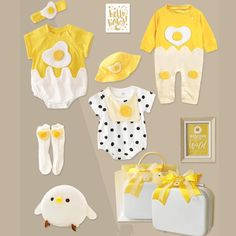 Buy a gift that new parents are going to be thrilled to receive. This gift bundle featuring baby rompers with egg yolk design, headband, socks, photo frame, soft toy and more is sure to please. The bundle comes neatly packed in a suitcase for added cuteness! Fabric: Cotton Inclusions: Set A and Set B3 Rompers1 Hat1 Headband1 Pair of Sock1 Stuff TotFram and Suitcase Set C and Set D2 Baby Outfits1 Hat1 Headband1 Pair of Sock1 Stuff TotFram and Suitcase Playful Sets For Easter Playtime, Playful White Sets For First Birthday, Cute White Easter Sets, Cute White Easter Outfit Set, Cute Onesie For Playtime On Mother's Day, Suitcase Set, Gift Bundle, Baby Rompers, Hello Welcome