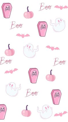 some pink and white items on a white background with the word boo written in it