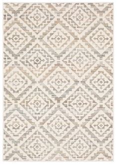 a beige and grey rug with an abstract design