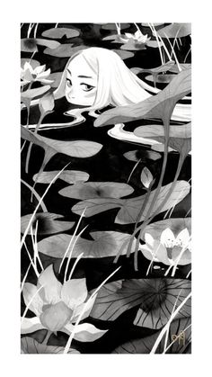 a black and white drawing of a girl in the water surrounded by lily pads with leaves