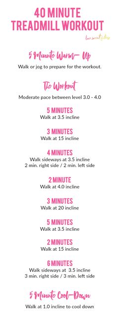 the 40 minute treadmill workout for women is shown in pink and white, with instructions to