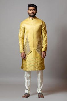 Shop for Paarsh Yellow Linen Satin Elkhorn Asymmetric Embroidered Bundi Kurta Set for Men Online at Aza Fashions Linen Menswear, Indian Wedding Clothes For Men, Cutdana Embroidery, Cutdana Work, Groom Dress Men, Haldi Outfit, African Attire For Men, Cotton Pajama Pants, Men's Ethnic Wear