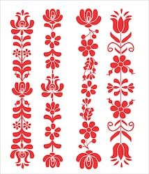 red and white floral designs are shown on the side of a sheet of paper that says,