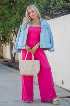 Pink Jumpsuit Outfit Casual, Hot Pink Family Photo Outfits, Pink Jumpsuit Outfit, Pink Jumpsuits Outfit, Jumpsuit Outfit Casual, Pink Pool, Hot Pink Outfit, Hot Pink Romper, Light Wash Denim Jacket