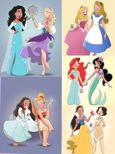 the disney princesses are all dressed up in different outfits