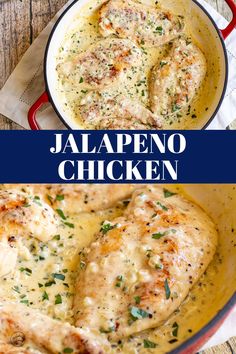 two pictures of chicken with cheese and herbs in a skillet on a wooden table