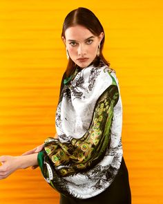 Embrace the regal charm and sustainability of our luxurious silk scarf.  Infuse a touch of elegance into your wardrobe with this exquisite accessory. Drawing inspiration from the majestic peacock, this vibrant scarf reflects self-confidence, pride, and dignity, just like the rocco peacock. It’s a standout piece that brings a sense of royalty and timeless beauty to any ensemble.  Made from 100% pure silk twill, the scarf is an embodiment of opulence and grace. Its hand-rolled hem and unparalleled Elegant Festive Silk Scarf, Silk Shawl For Formal Occasions, Elegant Festive Silk Shawl Scarf, Elegant Silk Shawl Scarf For Festive Occasions, Elegant Festive Silk Shawl, Elegant Silk Shawl For Festive Occasions, Bohemian Silk Scarf For Formal Wear, Bohemian Silk Scarf For Formal Occasions, Luxury Silk Shawl Scarf