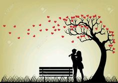 a man and woman kissing under a tree with hearts