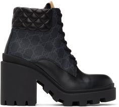 Ankle-high paneled buffed leather and textured faux-leather boots in black featuring tonal logo pattern . Round toe. Tonal lace-up closure. Padded and quilted buffed leather trim at collar. Textured rubber trim featuring embossed logo at welt. Rubber block heel. Treaded rubber sole. Approx. 3.25 heel. Supplier color: Black | Gucci Black GG Ankle Boots Monogram Boots, Gucci Boots, Fringe Ankle Boots, Gucci Outfits, Buckle Ankle Boots, Faux Leather Boots, Gucci Leather, Leather Riding Boots, Classic Boots