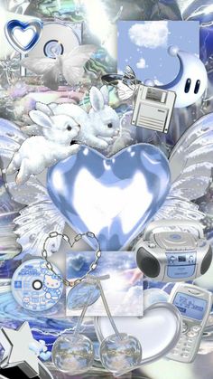 a collage with many different items in the shape of hearts and two doves