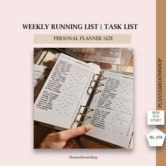 a person holding a planner in their hand with the words weekly running list on it