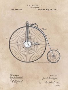 an old fashioned bicycle with wheels and spokes is shown in this drawing from the early 20th