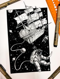 a drawing of an astronaut floating in space with a ship on it's back