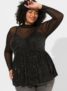 Plus Size Sparkle Outfit, Sparkle Outfit, Peplum Tank Top, Black Peplum, Meghan Trainor, New Years Eve Outfits, Sleeveless Tops, Party Tops, Deep Black