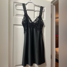 Brand New Black V-neck Slip Dress With Lace Trim, Fitted Black Slip Dress With Lace Trim, Fitted Black Slip Dress For Daywear, Black V-neck Slip Dress For Daywear, Black Lace Trim Dress For Night, Black Mini Dress With Lace Trim For Night, Black Lace Trim Mini Dress For Night, Black Lace Trim Night Mini Dress, Royalty Pajamas