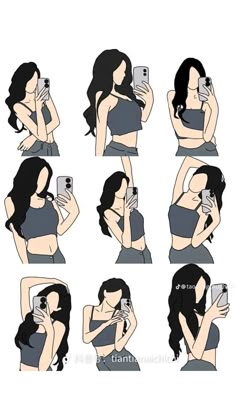 a woman taking a selfie with her cell phone in different positions and showing how she's doing it