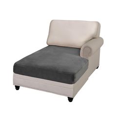 a white and gray couch with wheels on it