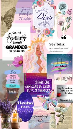 a collage of images with flowers, butterflies and words on them in different colors