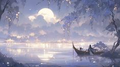 two boats floating on top of a lake under a moon filled sky with trees in the foreground