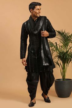 Buy Men's Black Viscose Mirror Work Embroidered Kurta Dhoti With Dupatta Online Mens Mehendi Outfits, Garba Outfit For Men, Men Ethnic Wear India, Sangeet Outfit For Men, Groom Kurta, Mirror Work Dupatta, Mirror Work Kurta, Shadi Dress, Stylish Boy Clothes