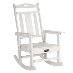 a white rocking chair with a drawer on the bottom and side drawers below it, against a white background