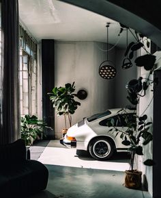 a white car parked in front of a window next to a potted plant on the floor