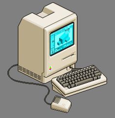 an old computer sitting next to a mouse and keyboard on a gray background with the screen turned off