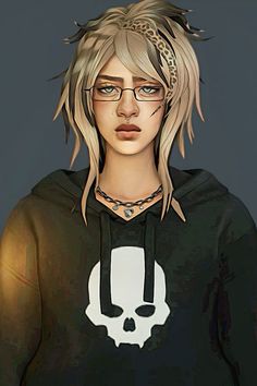 a woman with glasses and a skull on her hoodie