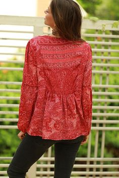 "This beautiful boho-chic blouse is a hit! It is loose and has a nice soft feeling, with a trendy comfy cut, so chic. A great casual look, just effortless beauty. Match it with jeans and any shoes / flip flops/boots - and you got a perfect style! Color: Raspberry Red Also available in Blue Shades - https://www.etsy.com/il-en/listing/632905362/ Size - Available in size S, M, L, XL Size Small: Bust- 36\" -92 Length-25\"- 64cm Size Medium: Bust- 39\"- 99cm Length- 26\"-66cm Size Large: Bust- 41\"-1 Summer Red Blouse With Paisley Print, Red Bohemian Blouse With Paisley Print, Patterned Long Sleeve Bohemian Tops, Bohemian Long Sleeve Patterned Tops, Bohemian Patterned Tops For Fall, Patterned Printed Bohemian Tops, Bohemian Patterned Printed Tops, Hippie Printed Blouse For Fall, Red Bohemian Tops With Paisley Print