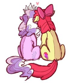 two little ponys hugging each other with a heart on their chest and one is wearing a pink bow