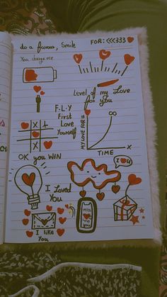 an open notebook with doodles on it and hearts drawn all over the pages in red ink