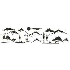 a black and white drawing of mountains with trees