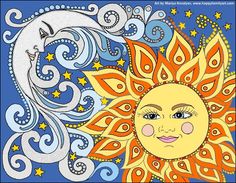 a drawing of a sun and a moon with stars on the sky above it,