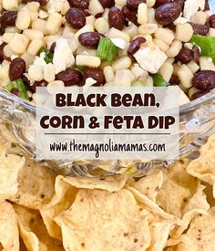 black bean, corn and feta dip in a bowl with tortilla chips