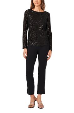 "Find halogen(r) Sequin Scoop Back Top on Editorialist. Dazzling sequins cover this longline night-out top punctuated with a dipped back. 24\" length (size Medium) Partially lined Bateau neck Long sleeves 95% polyester, 5% spandex Machine wash, line dry Imported" Christmas Party Outfits For Women, Christmas Party Outfit Work, Work Christmas Party, Night Out Tops, Party Outfits For Women, Office Christmas Party, Older Women Fashion, Christmas Party Outfits, Bateau Neck