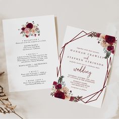 wedding stationery with burgundy flowers and greenery