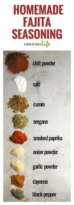 an advertisement for homemade fajita seasoning, with different spices on the side